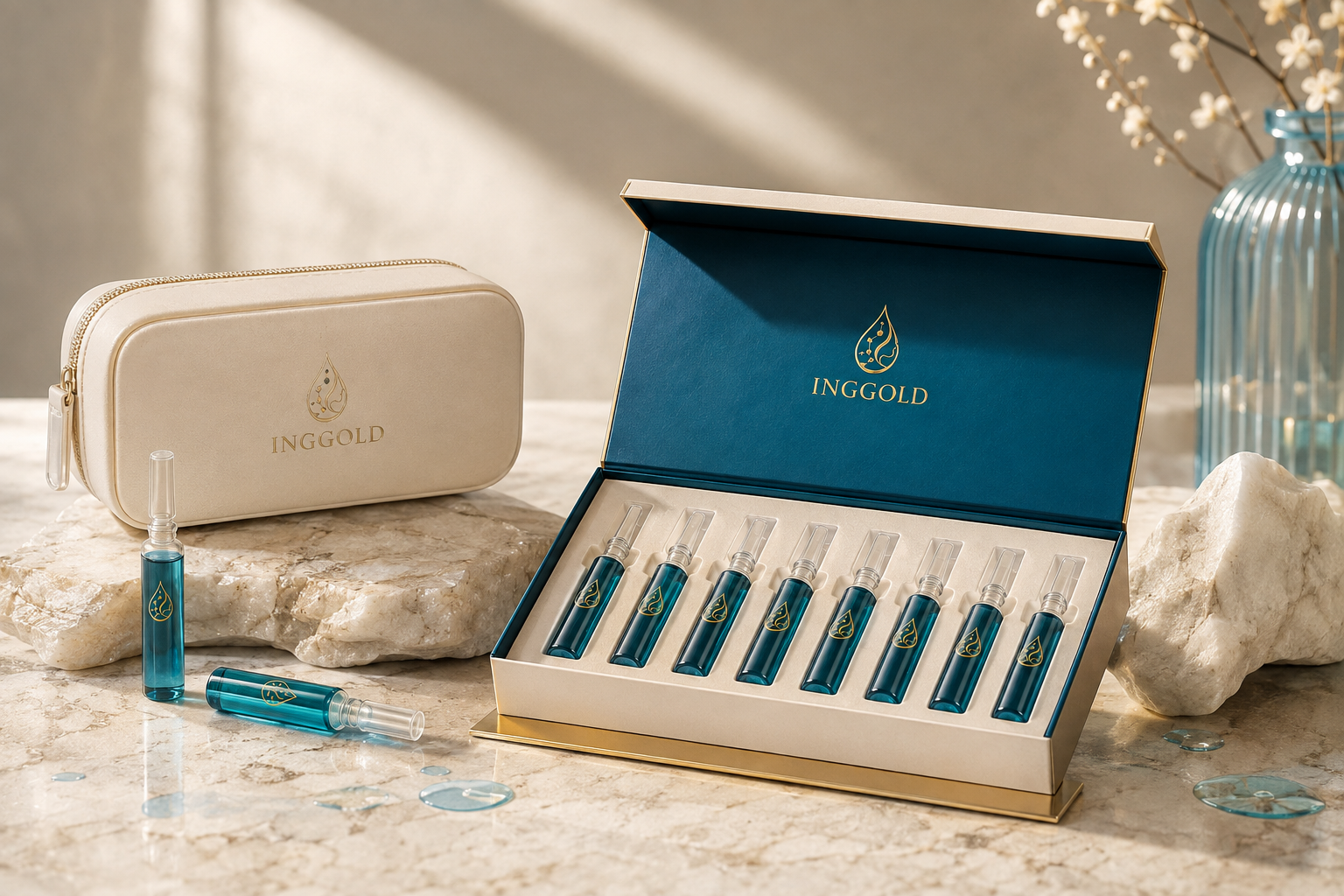 INGGOLD copper peptide cosmetic ampoules in a premium travel regimen kit