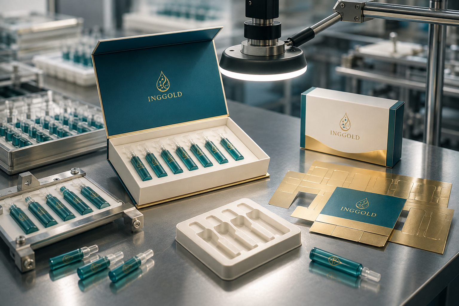 INGGOLD cosmetic ampoules at a tray sealing and visual inspection station