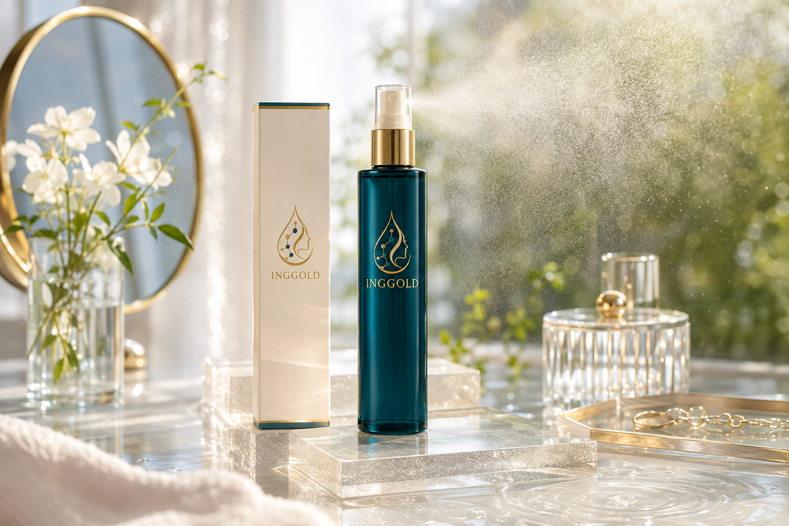INGGOLD copper peptide essence toner in a luminous morning mist scene