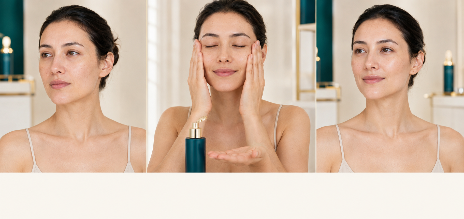 Model demonstrating the INGGOLD private label copper peptide essence toner routine in three steps