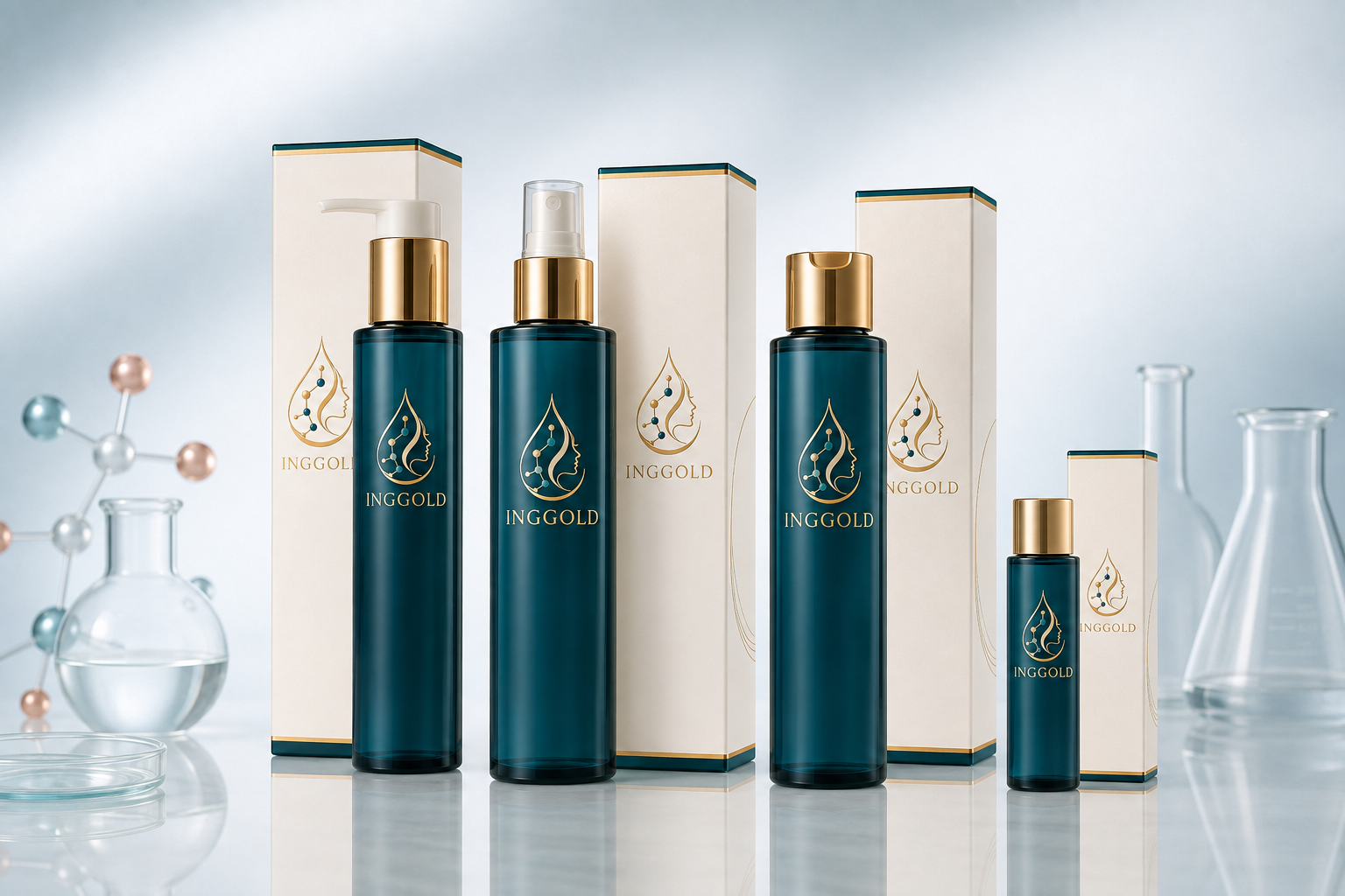 INGGOLD essence toner pump mist flip cap and travel packaging
