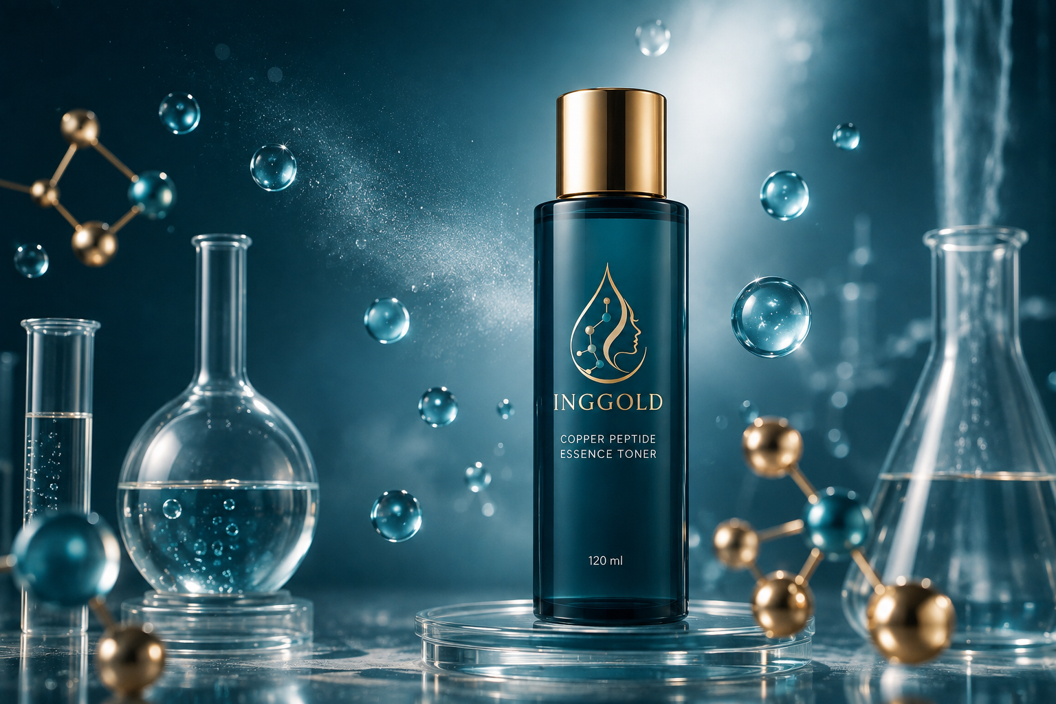 Copper peptide essence toner formulation concept with fluid and hydration visual cues
