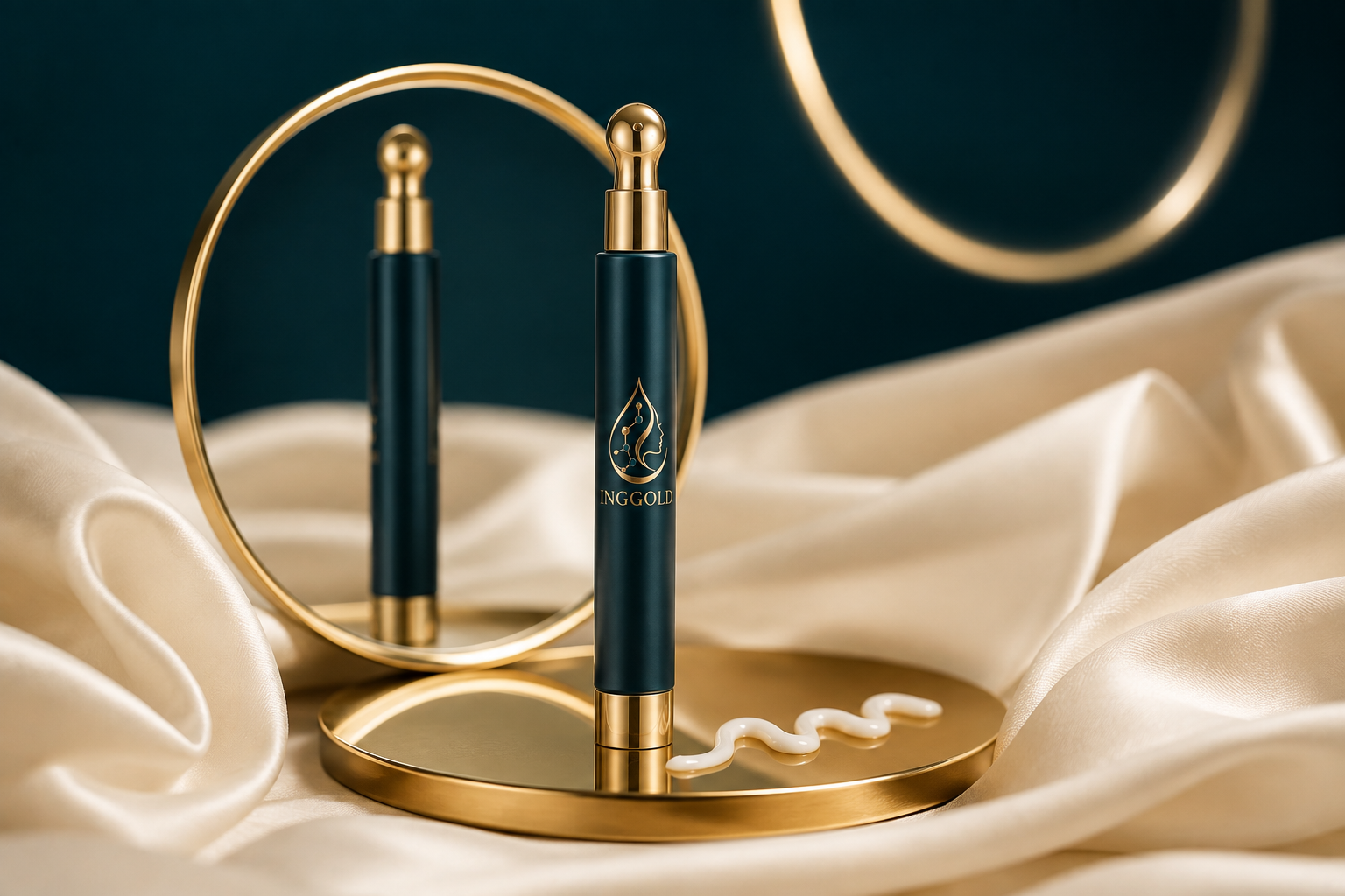 INGGOLD copper peptide eye cream in a silk and gold precision care setting