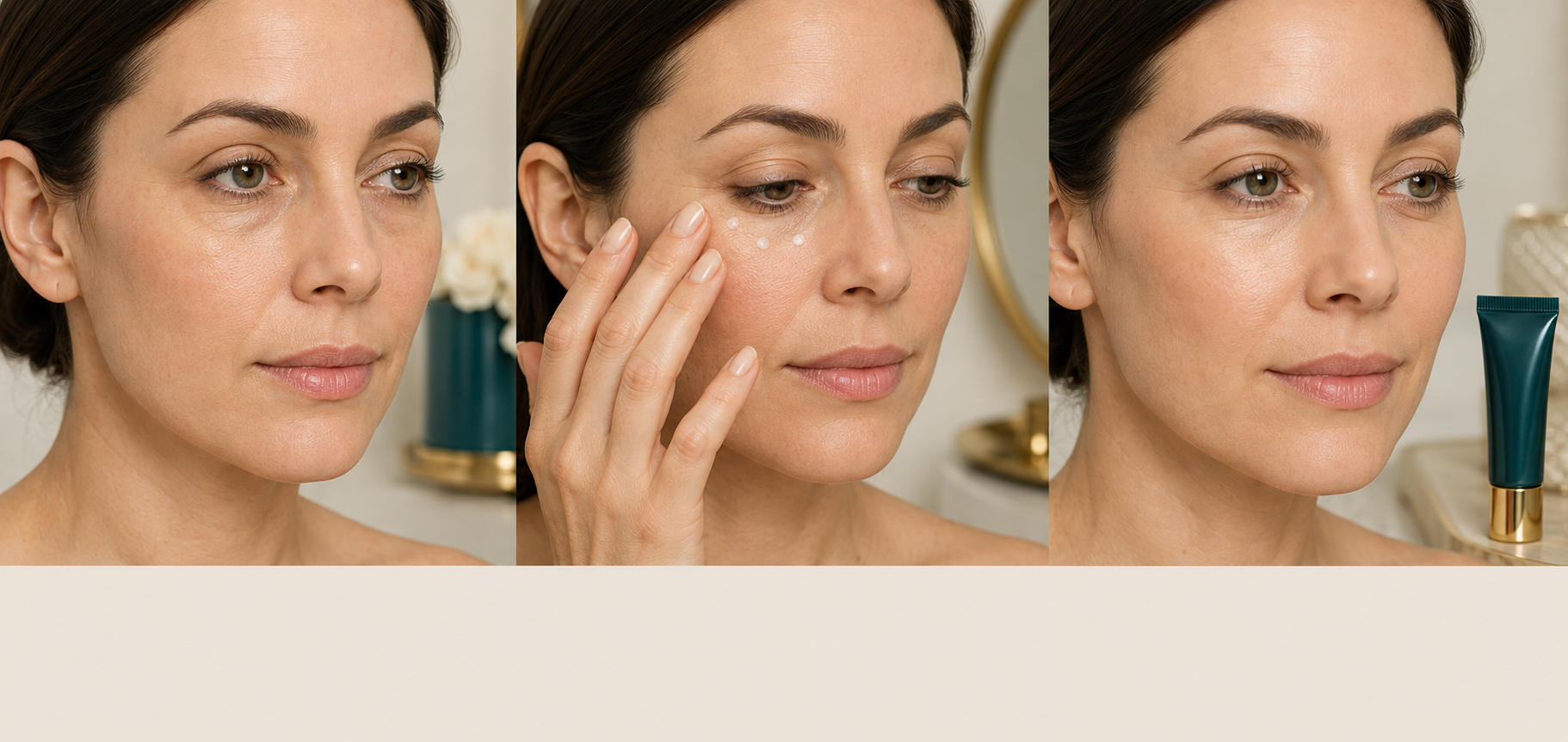 Model demonstrating the INGGOLD private label copper peptide eye cream routine in three steps