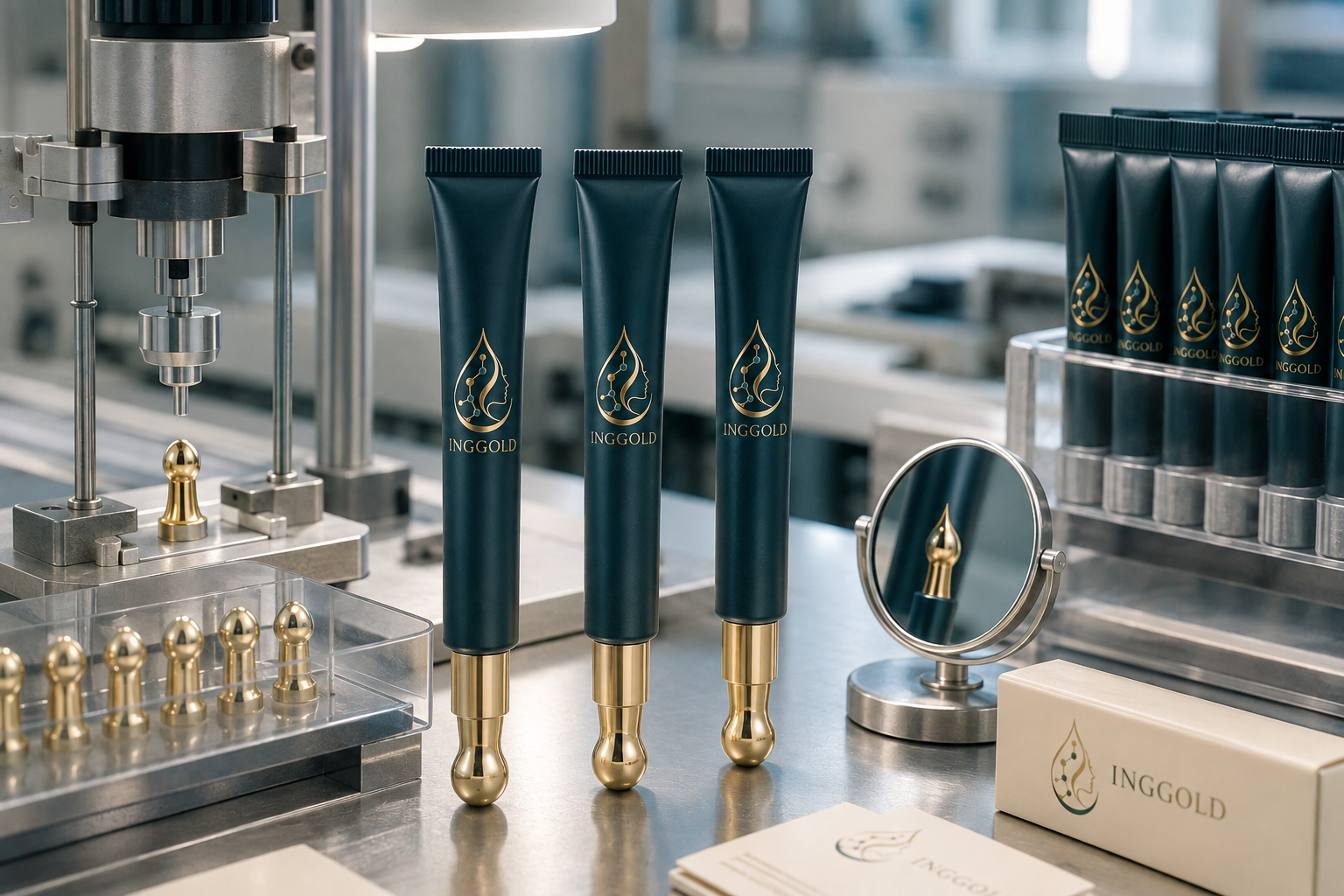 INGGOLD eye cream packages undergoing component and applicator inspection