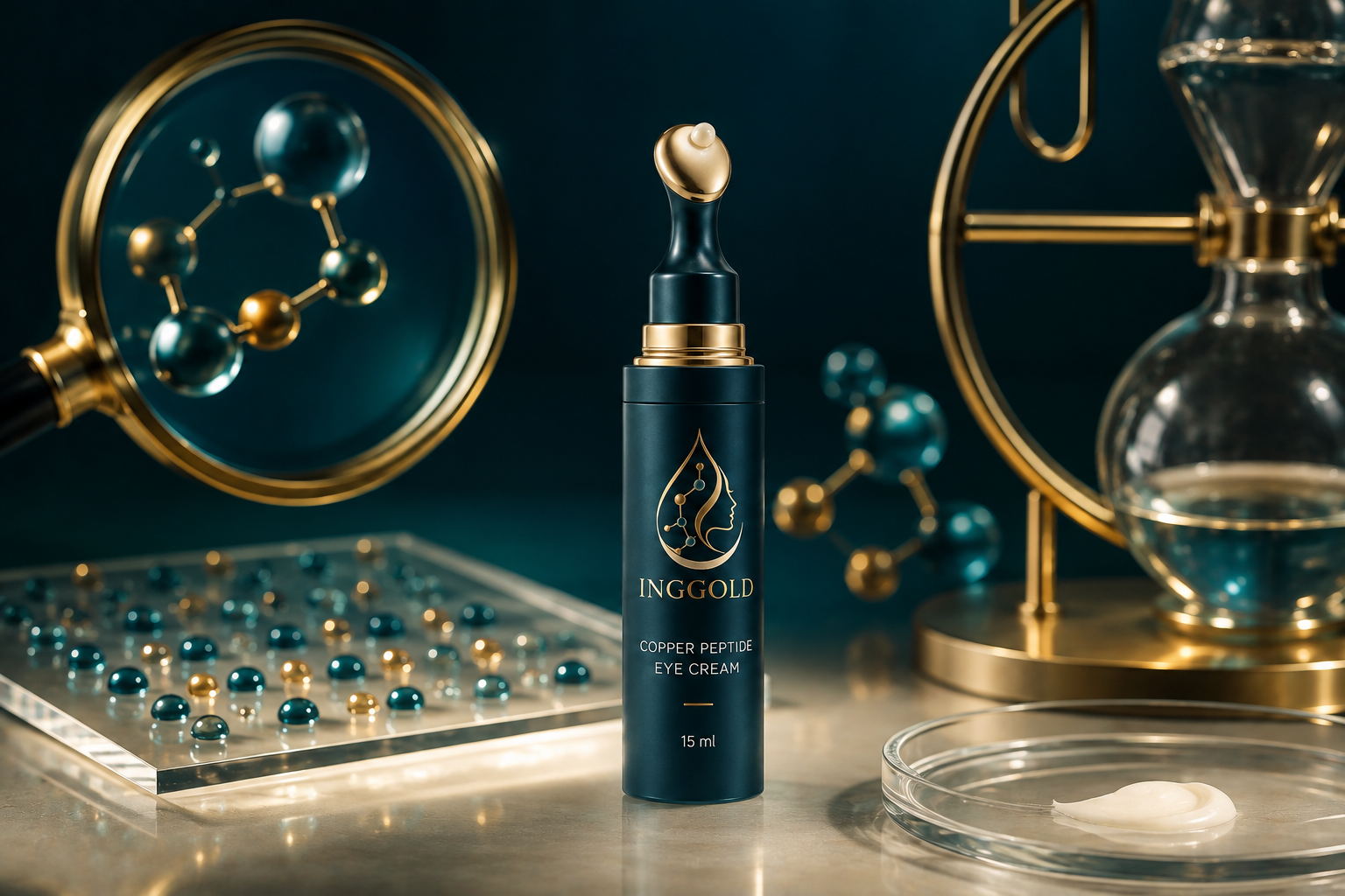 Copper peptide eye cream formulation concept with precision and texture visual cues