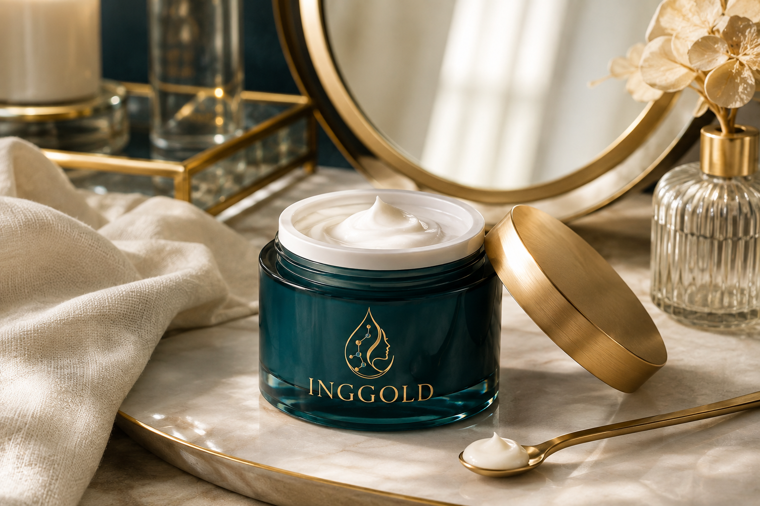 INGGOLD copper peptide face cream in an elegant morning vanity scene