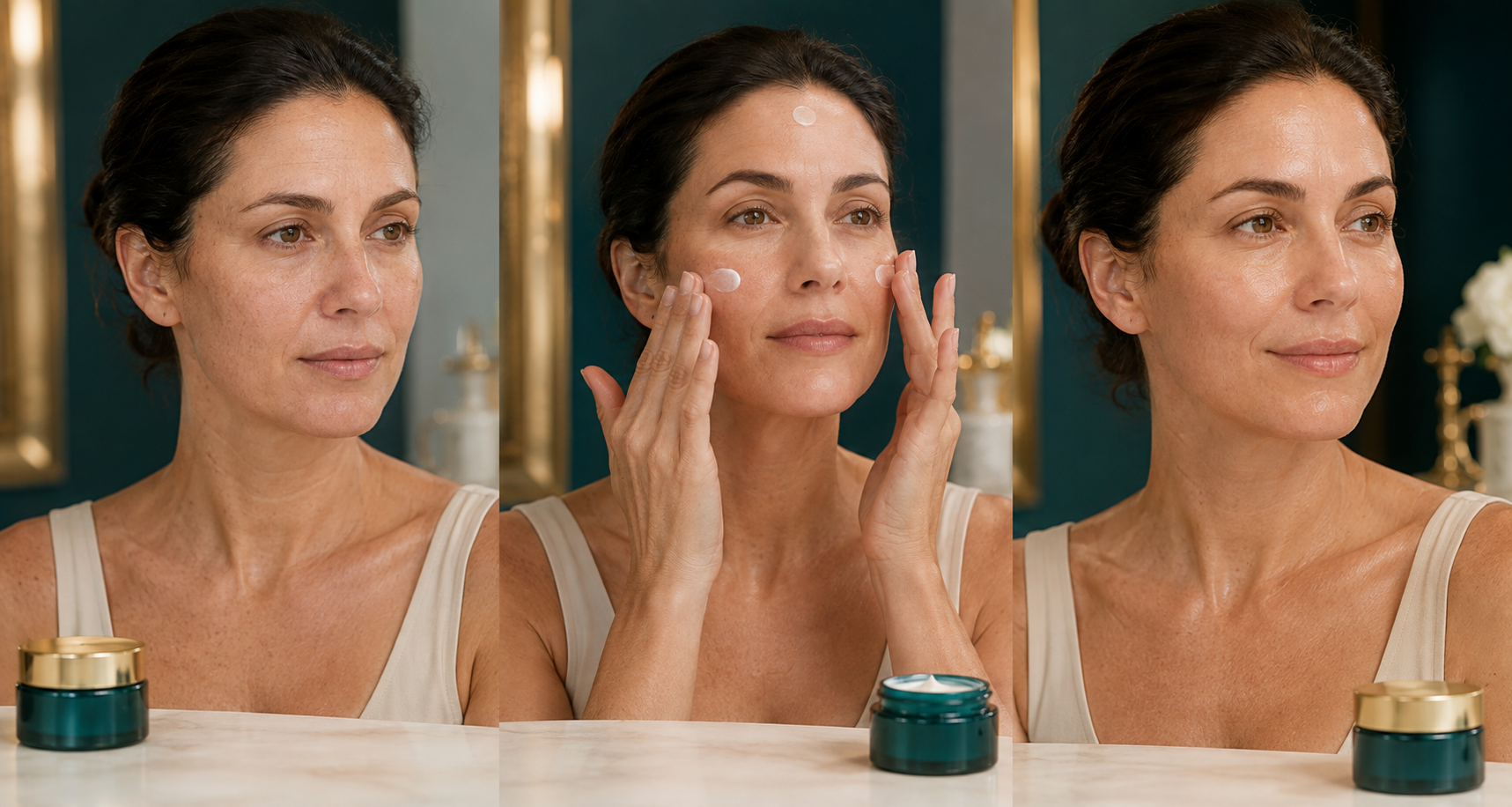 Model demonstrating the INGGOLD private label copper peptide face cream routine in three steps