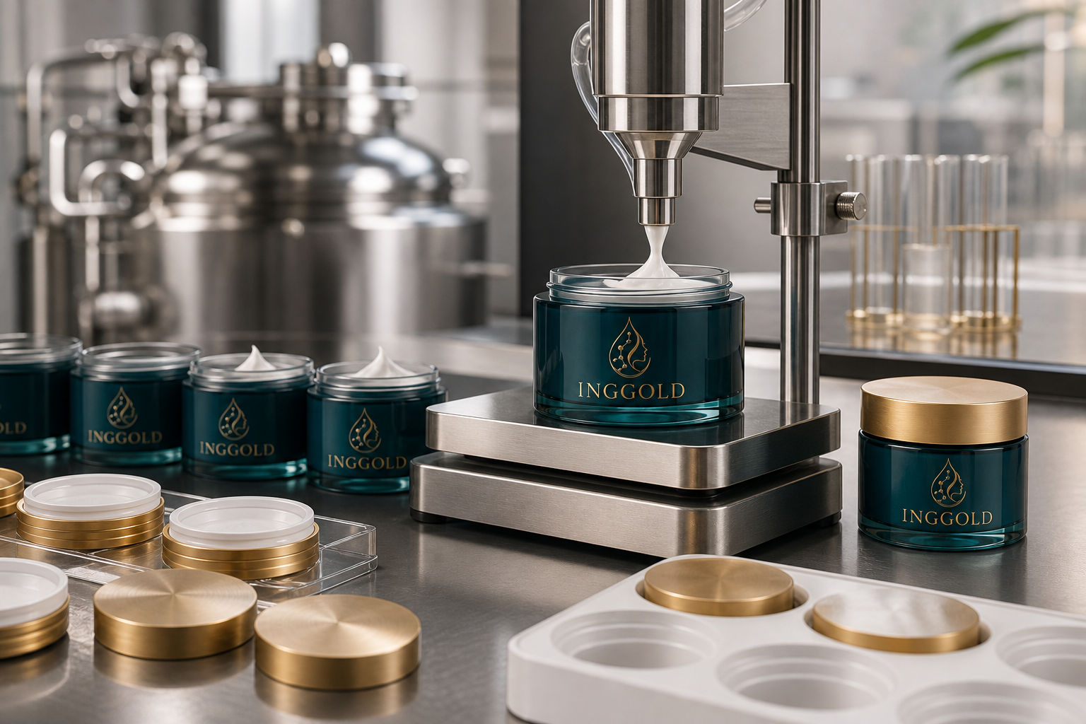 INGGOLD face cream jars at a controlled cosmetic filling station