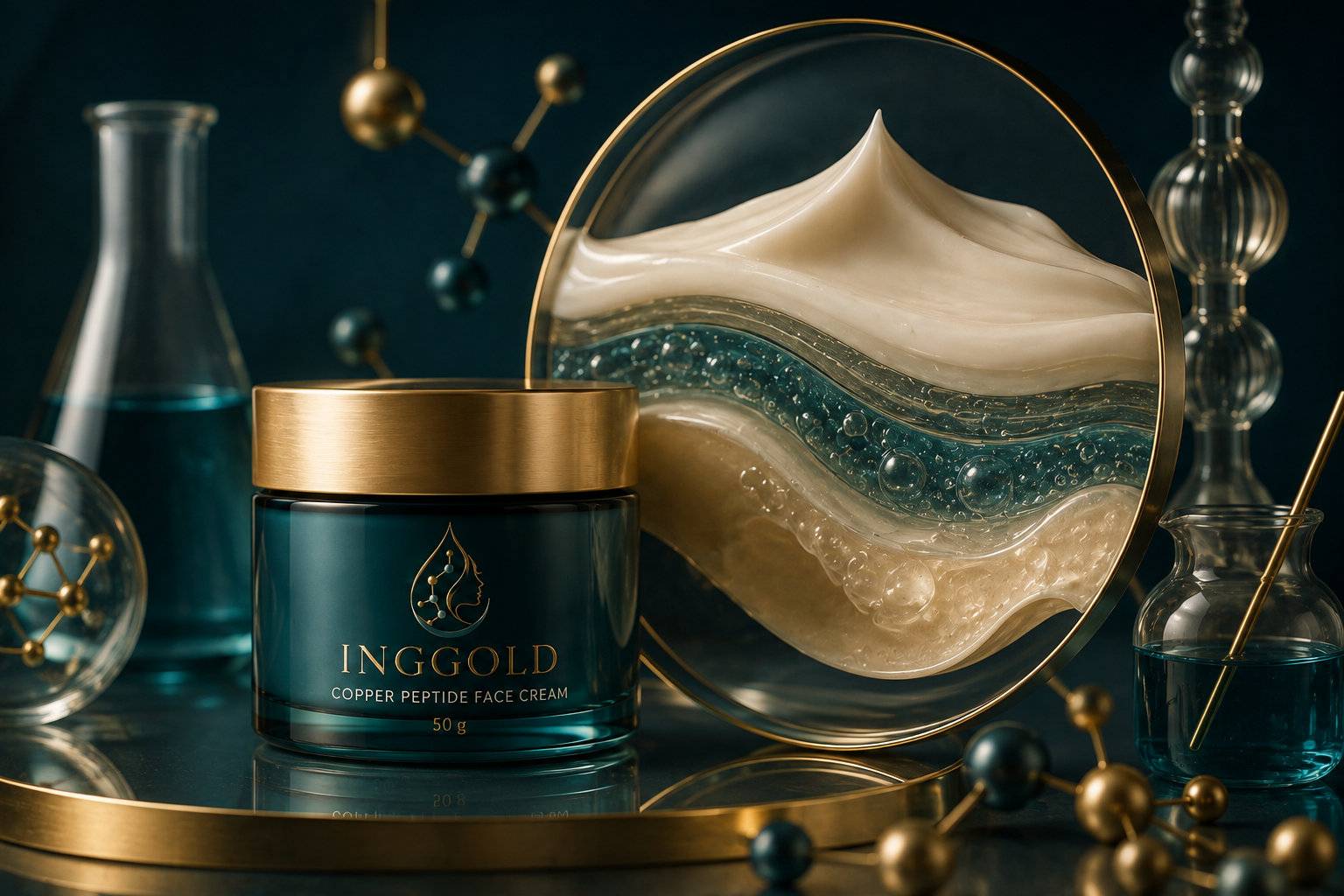 Copper peptide face cream formulation concept with emulsion and peptide visual cues