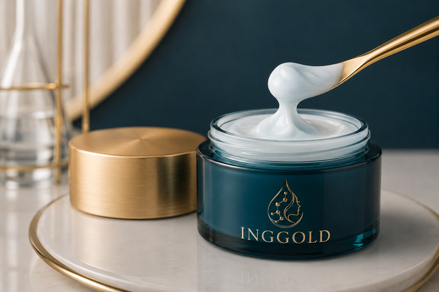 Silky INGGOLD copper peptide face cream texture lifted with a gold spatula
