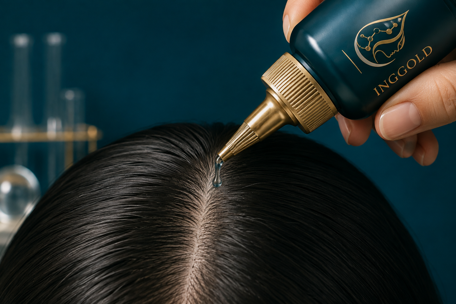 INGGOLD precision applicator dispensing scalp serum along a hair part