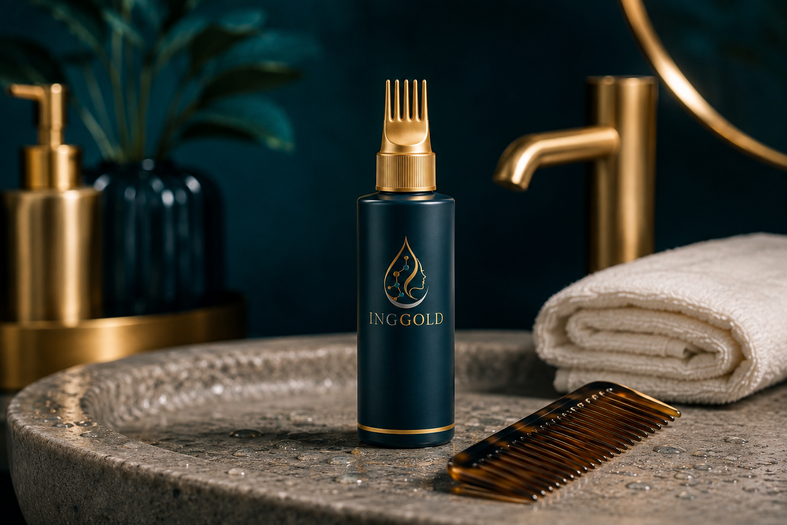 INGGOLD copper peptide scalp serum in a premium grooming station setting