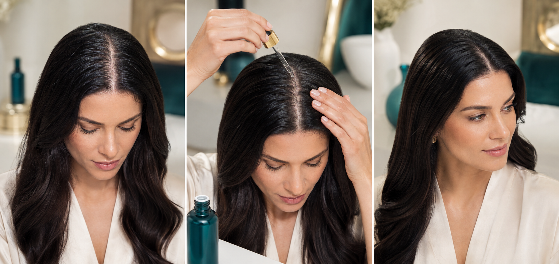 Model demonstrating the INGGOLD private label copper peptide scalp serum routine in three steps
