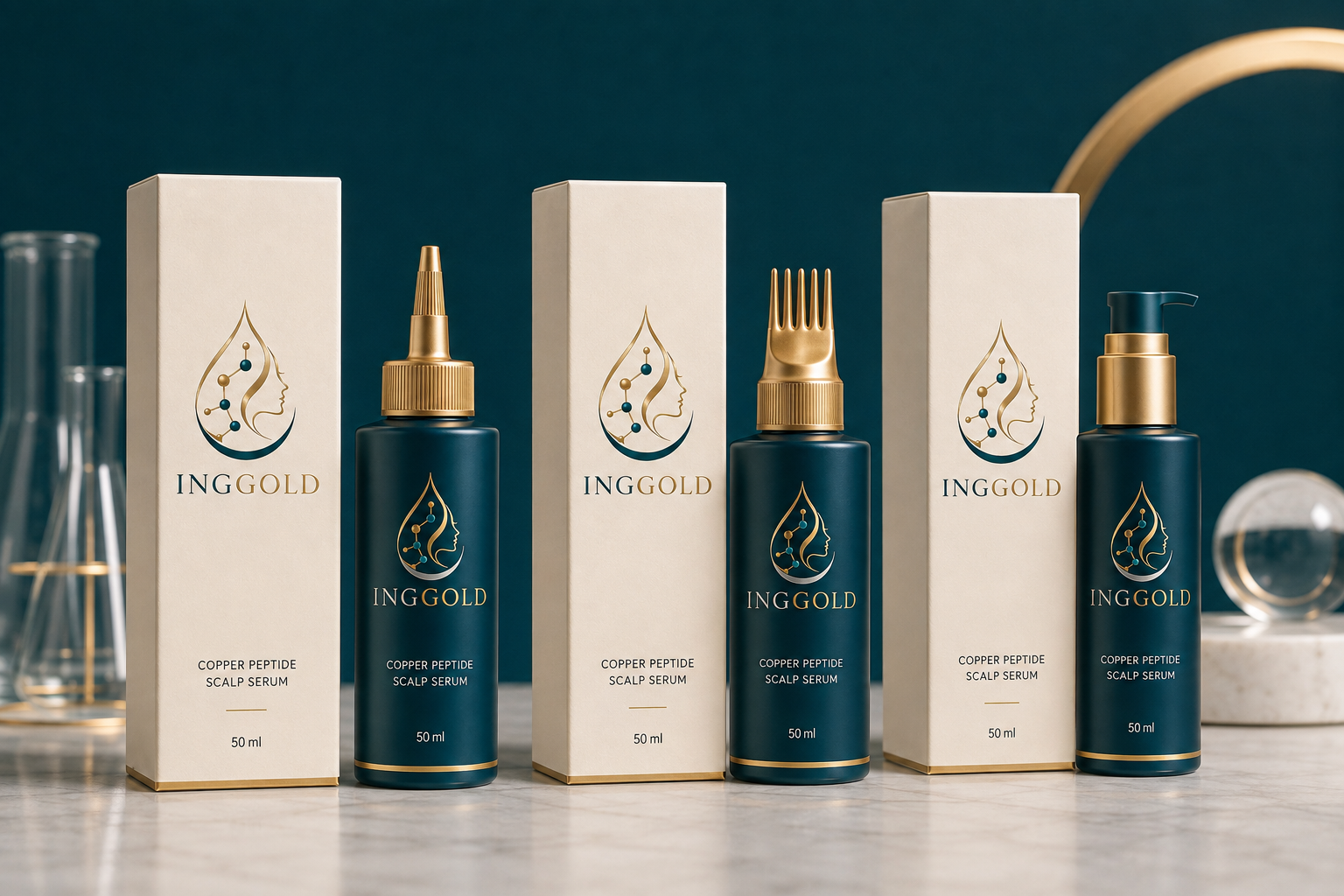 INGGOLD copper peptide scalp serum nozzle comb tip and pump packaging