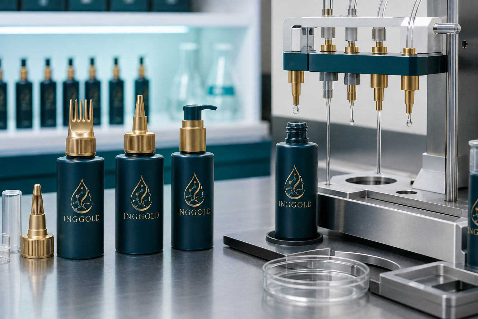 INGGOLD scalp serum bottles and applicators at a dispensing compatibility station