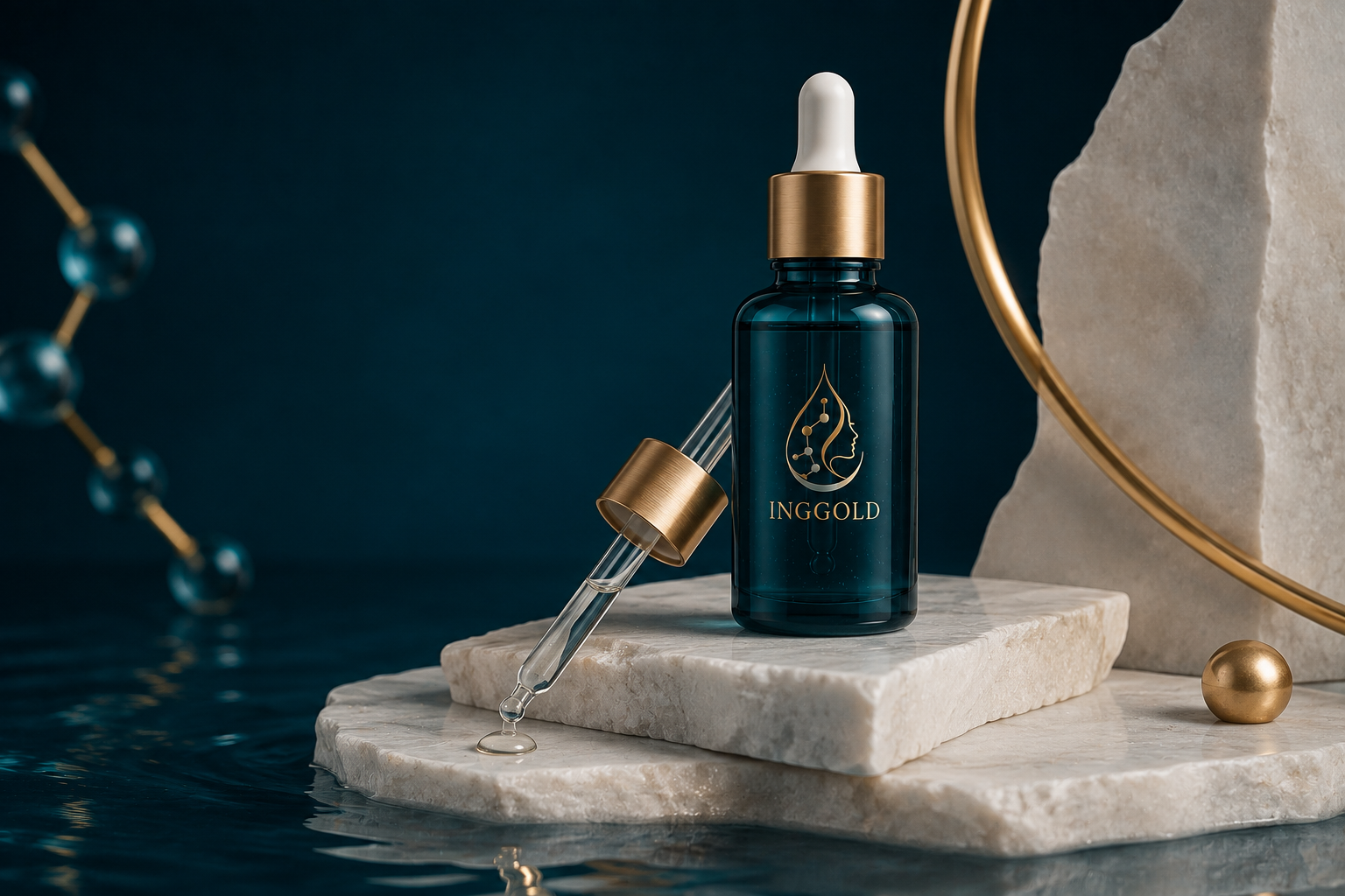 INGGOLD copper peptide serum in a luxury deep teal and gold campaign setting