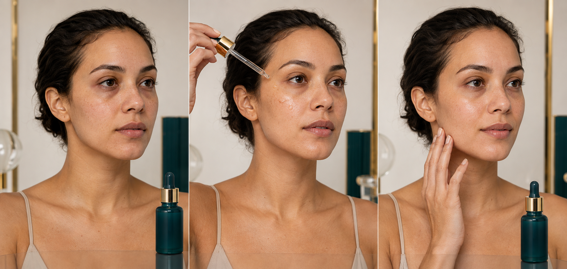 Model demonstrating the INGGOLD private label copper peptide facial serum routine in three steps
