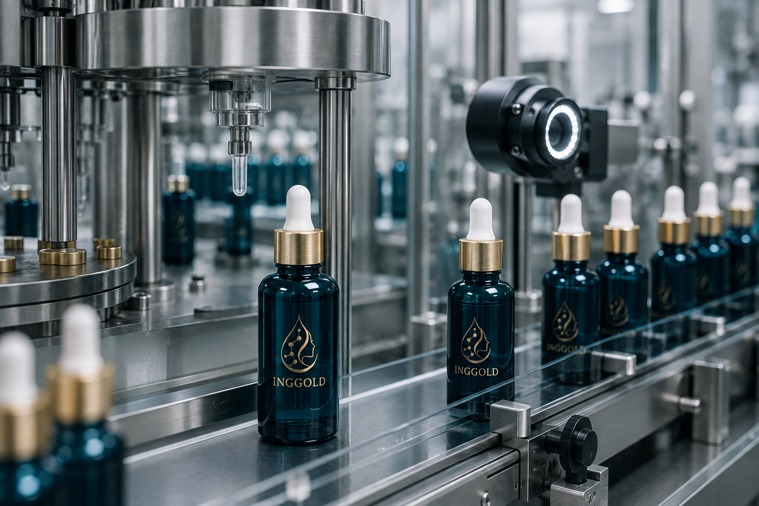INGGOLD serum bottles at a modern cosmetic filling and visual inspection line