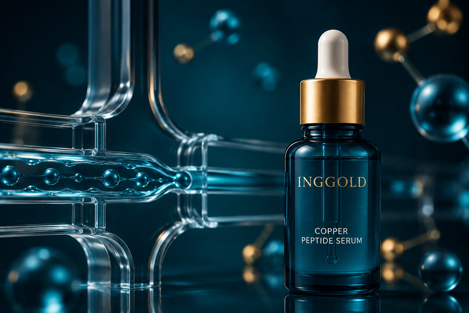 Copper peptide serum formulation concept with molecular and hydration visual cues