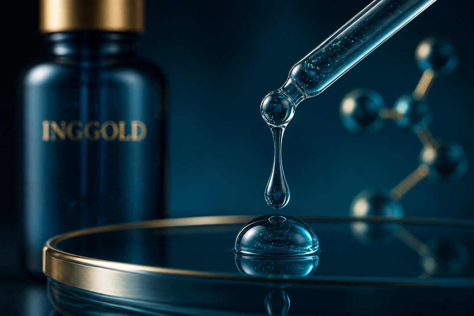 Macro view of INGGOLD copper peptide serum texture dispensed from a glass pipette