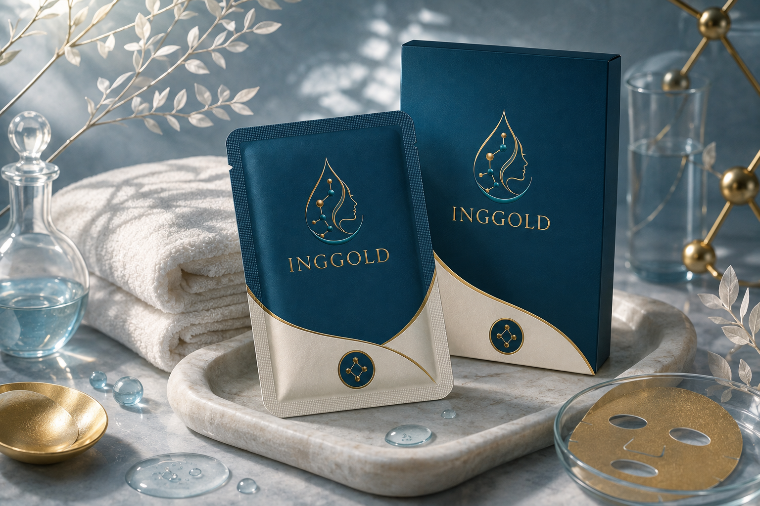 INGGOLD copper peptide sheet mask sachets in a luxury spa display