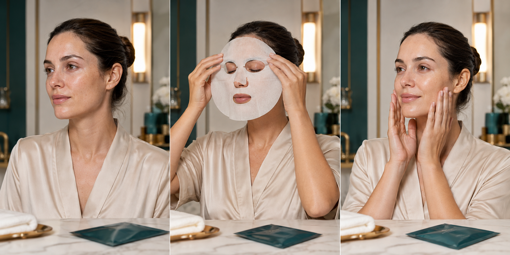 Model demonstrating the INGGOLD private label copper peptide sheet mask routine in three steps