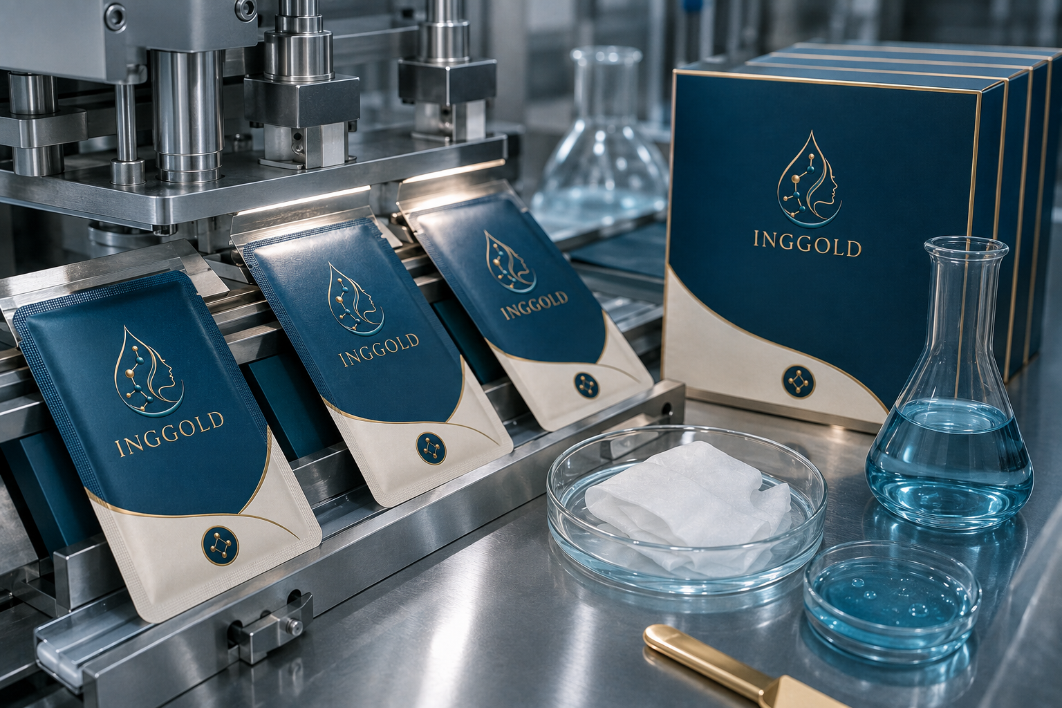 INGGOLD sheet mask sachets at a cosmetic sealing and essence loading station