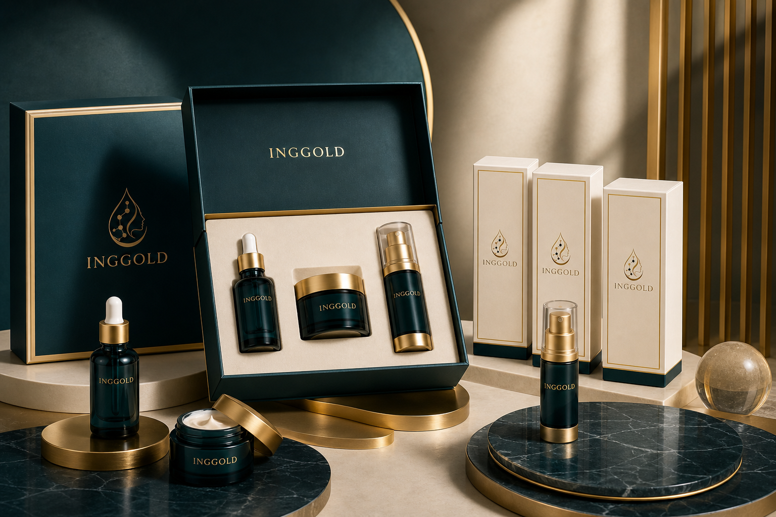 INGGOLD copper peptide skincare collection in a luxury unboxing display