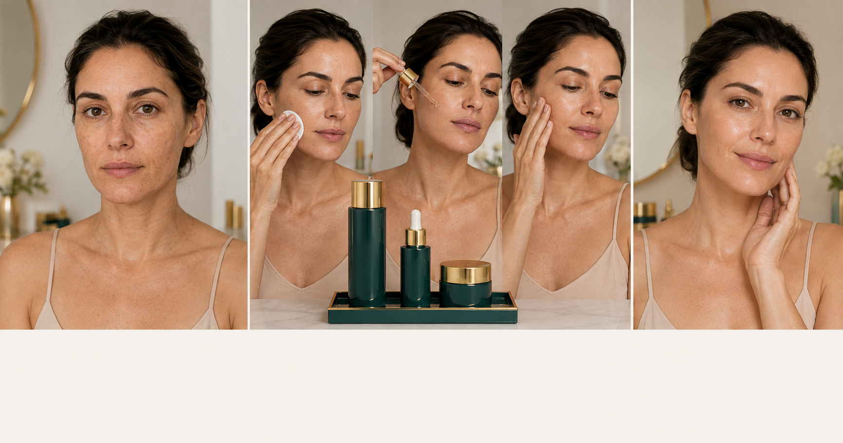Model demonstrating the INGGOLD private label copper peptide skincare set routine in three steps