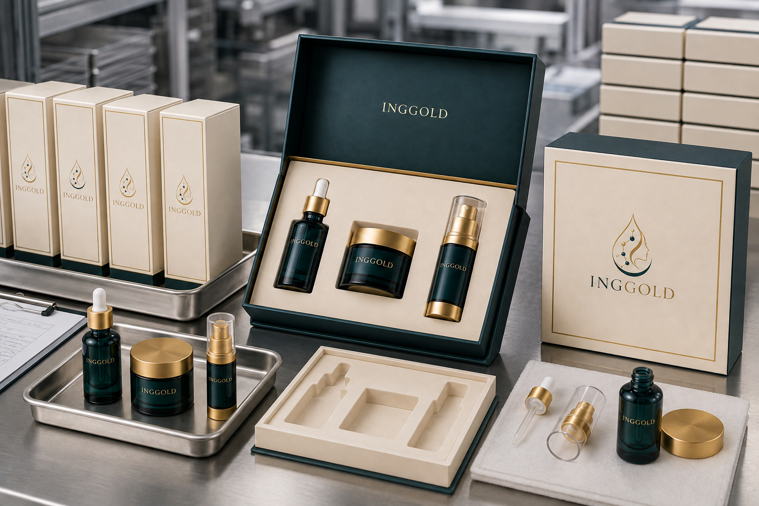 INGGOLD skincare set components at a packaging assembly and inspection station