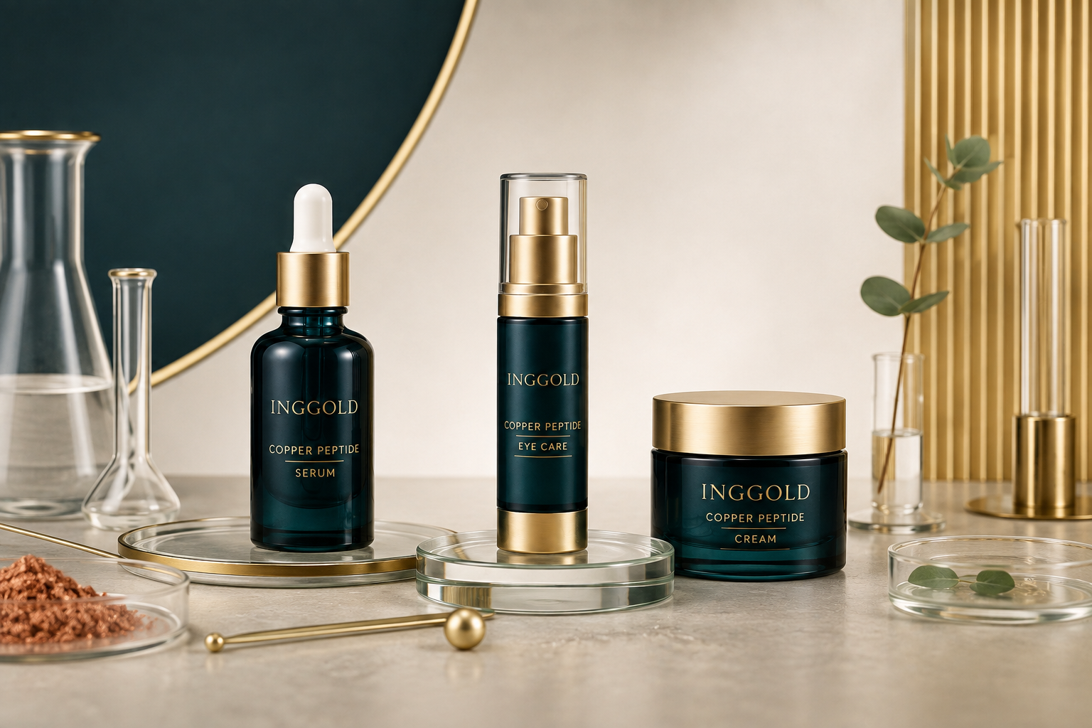 INGGOLD copper peptide serum eye care and face cream routine