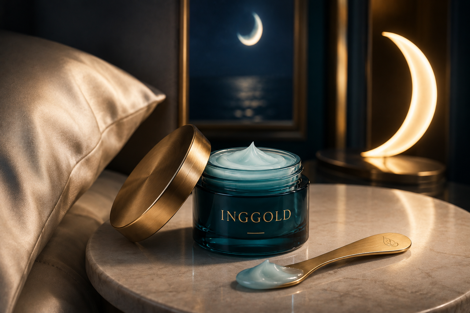 INGGOLD copper peptide sleeping mask in a sophisticated moonlit bedside scene