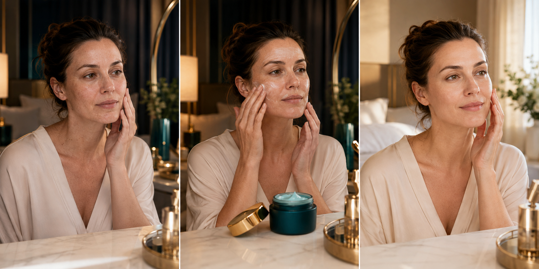 Model demonstrating the INGGOLD private label copper peptide sleeping mask routine in three steps