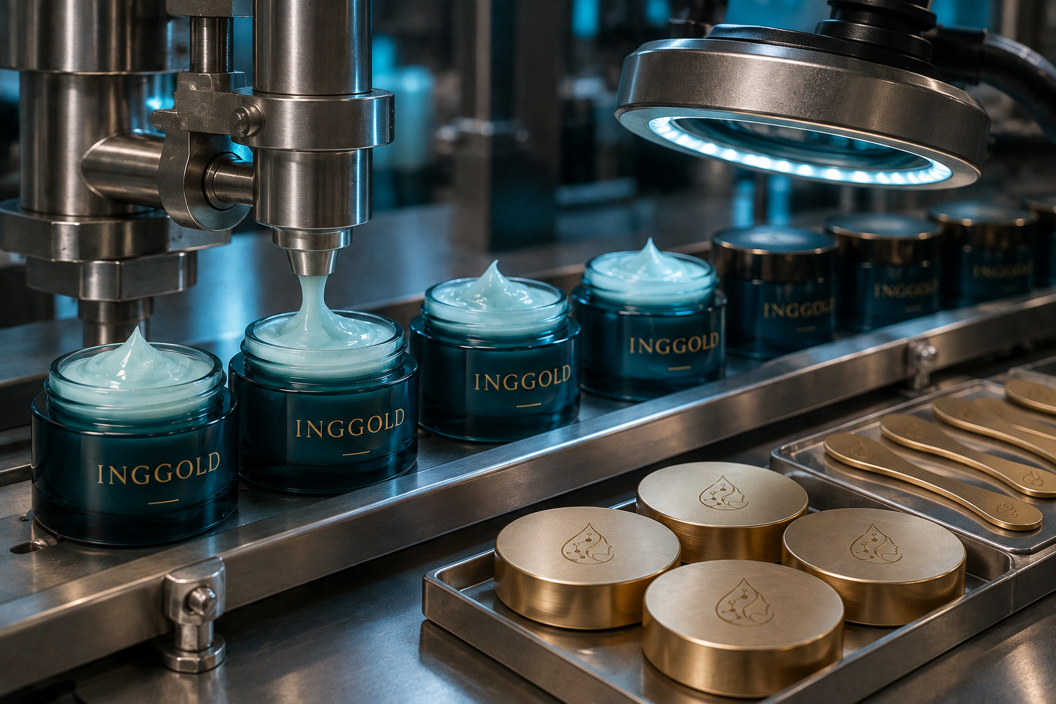 INGGOLD sleeping mask jars at a filling closure and finish inspection line